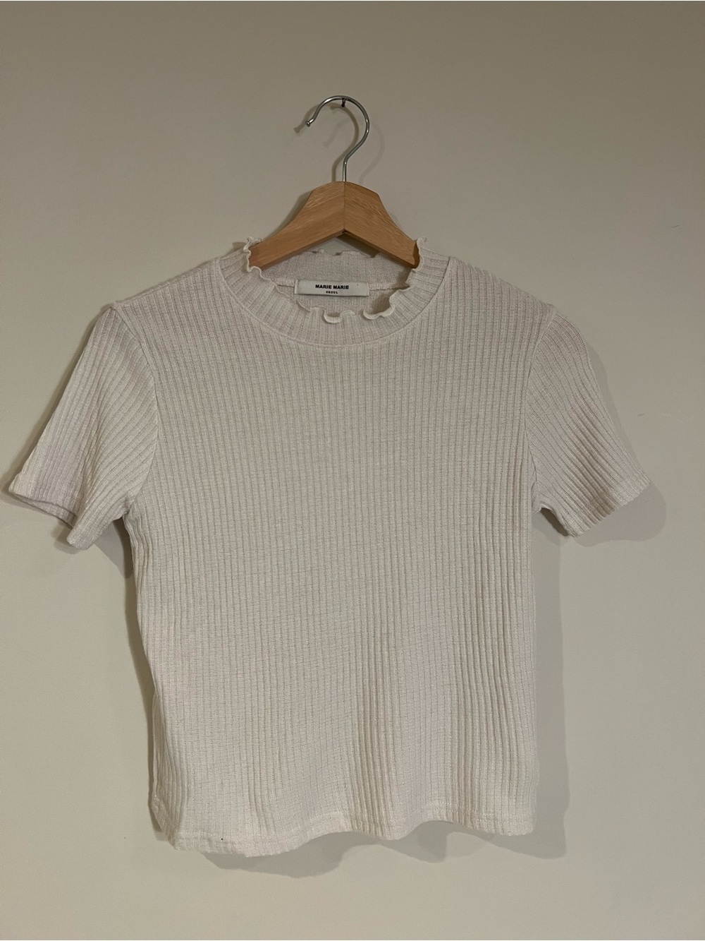Korean Brand Cream Ribbed Short Sleeve Tee with Ruffle Neck